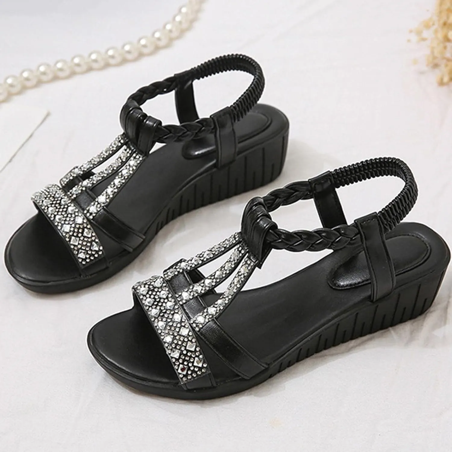 Women Dressy Rhinestone Sandals Low Wedge Rope Bohemian Roman-Sandal Comfort Solid Sandal with Elastic Back Strap Summer Shoes