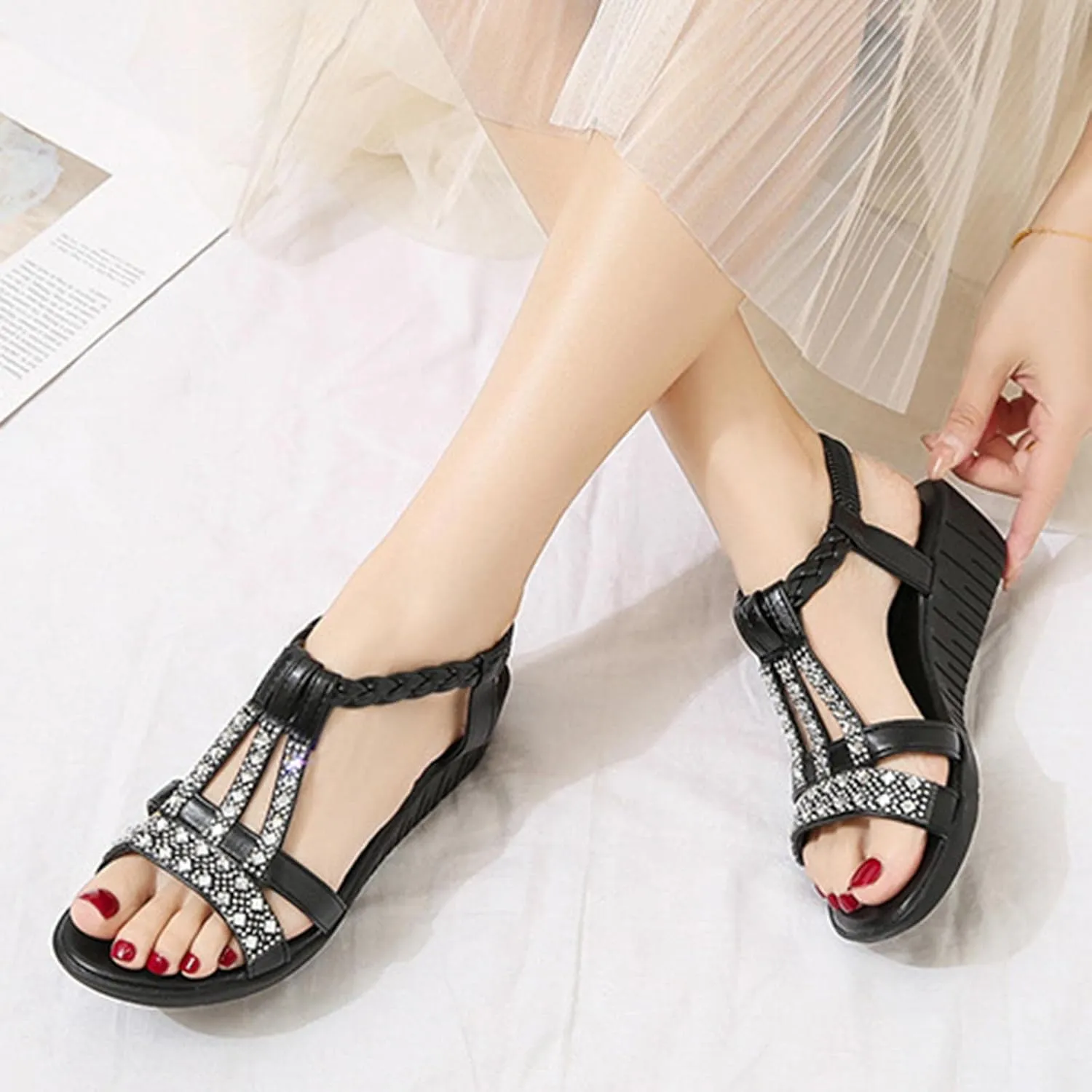 Women Dressy Rhinestone Sandals Low Wedge Rope Bohemian Roman-Sandal Comfort Solid Sandal with Elastic Back Strap Summer Shoes