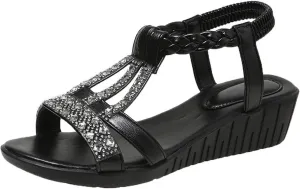 Women Dressy Rhinestone Sandals Low Wedge Rope Bohemian Roman-Sandal Comfort Solid Sandal with Elastic Back Strap Summer Shoes