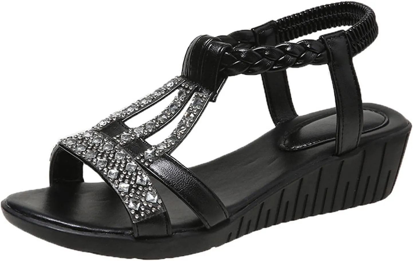 Women Dressy Rhinestone Sandals Low Wedge Rope Bohemian Roman-Sandal Comfort Solid Sandal with Elastic Back Strap Summer Shoes