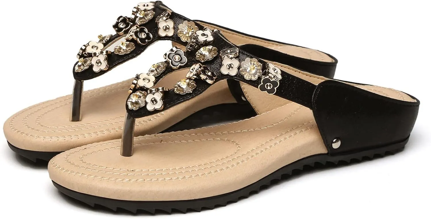 Women Flat Sandal Flowers Bohemia Beach Thong Sandal Summer Flat Walking Shoes Slip On Slingback Flip Flops
