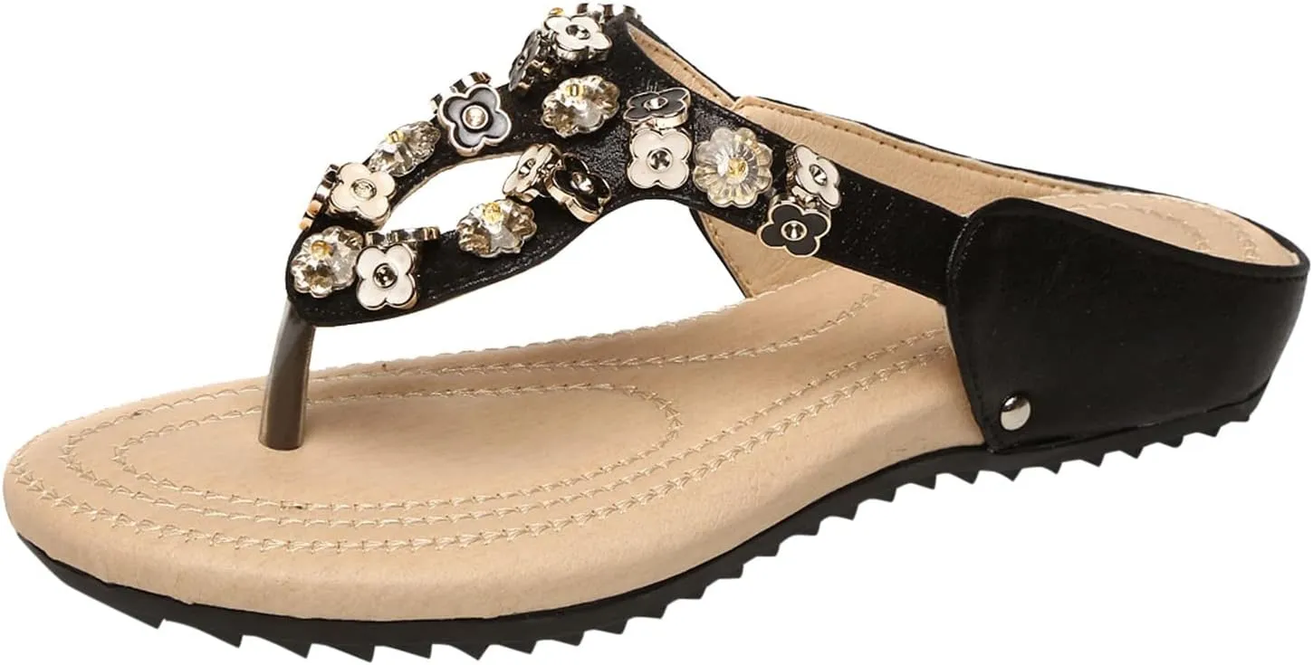 Women Flat Sandal Flowers Bohemia Beach Thong Sandal Summer Flat Walking Shoes Slip On Slingback Flip Flops