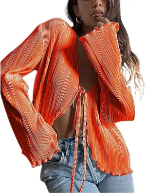 Women Girls Sheer Blouse Wild Flare Sleeve Tie Up Shirt Frill Decor Y2k Cropped Cardigan Top Aesthetic Clothes
