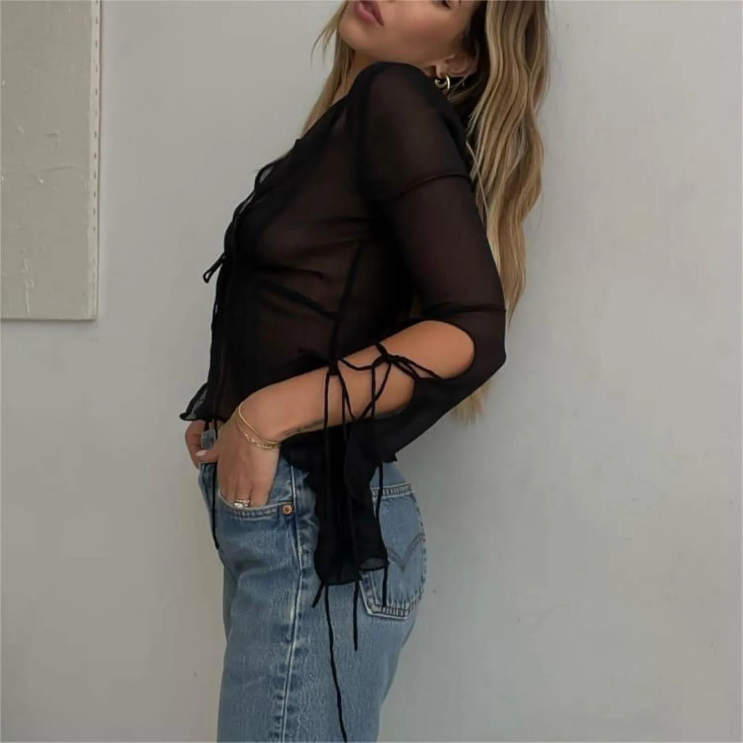 Women Girls Sheer Blouse Wild Flare Sleeve Tie Up Shirt Frill Decor Y2k Cropped Cardigan Top Aesthetic Clothes