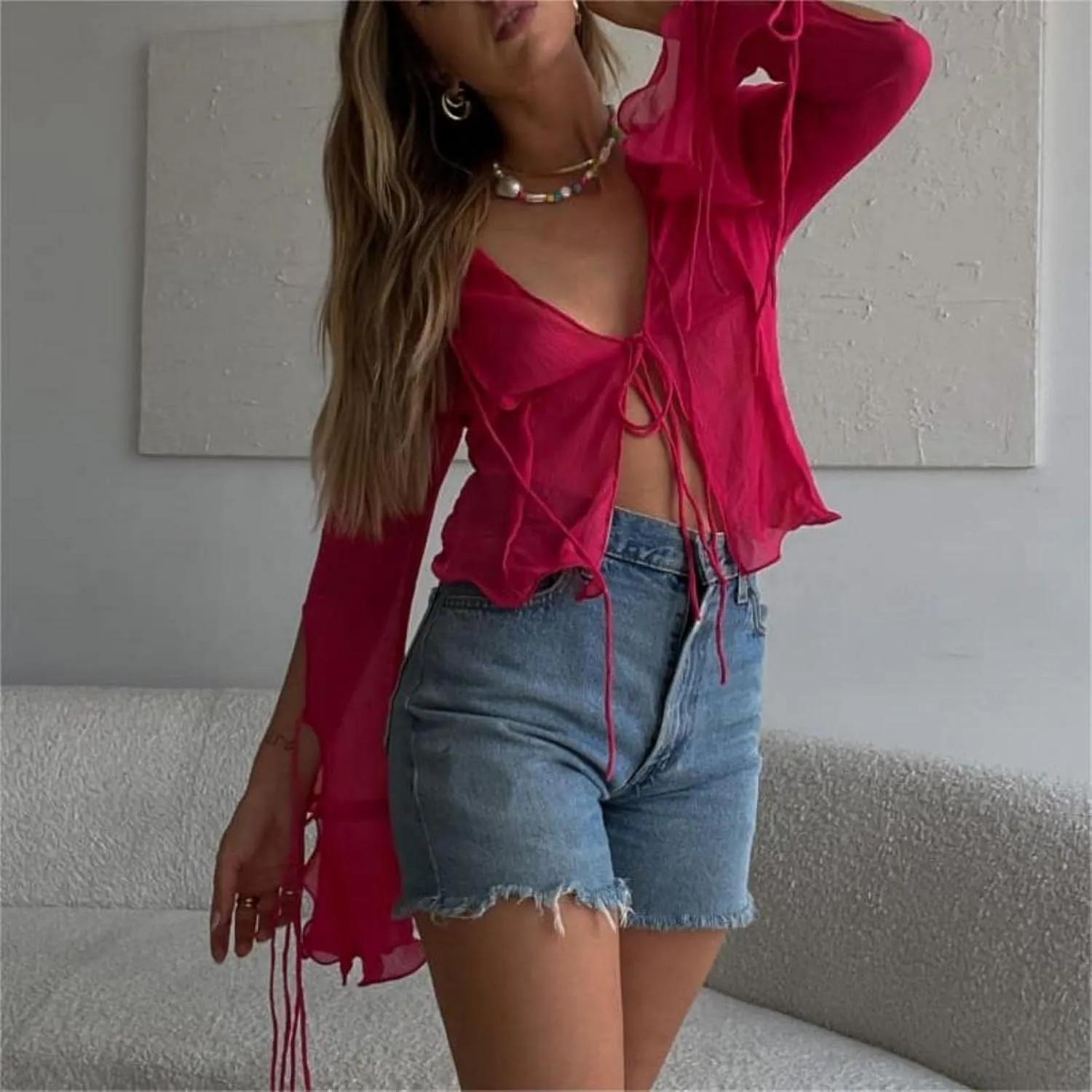 Women Girls Sheer Blouse Wild Flare Sleeve Tie Up Shirt Frill Decor Y2k Cropped Cardigan Top Aesthetic Clothes