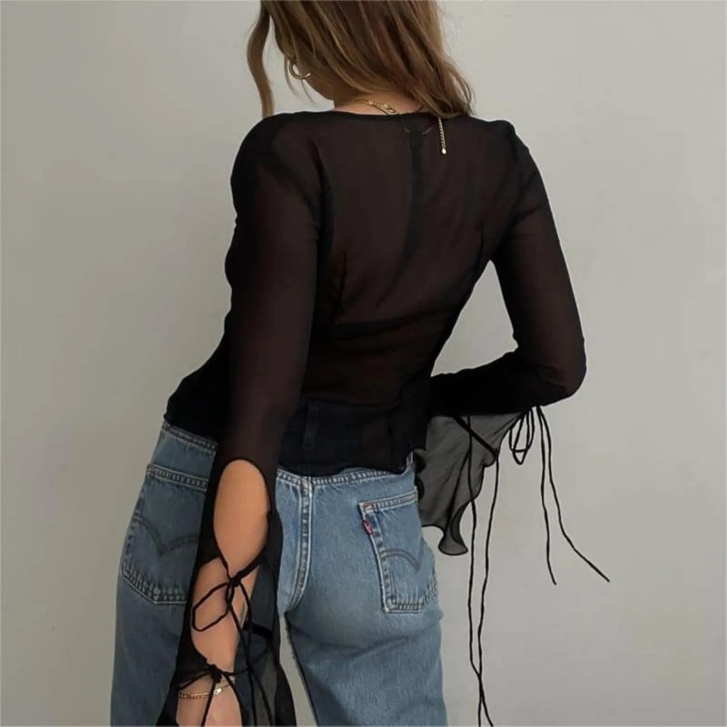 Women Girls Sheer Blouse Wild Flare Sleeve Tie Up Shirt Frill Decor Y2k Cropped Cardigan Top Aesthetic Clothes
