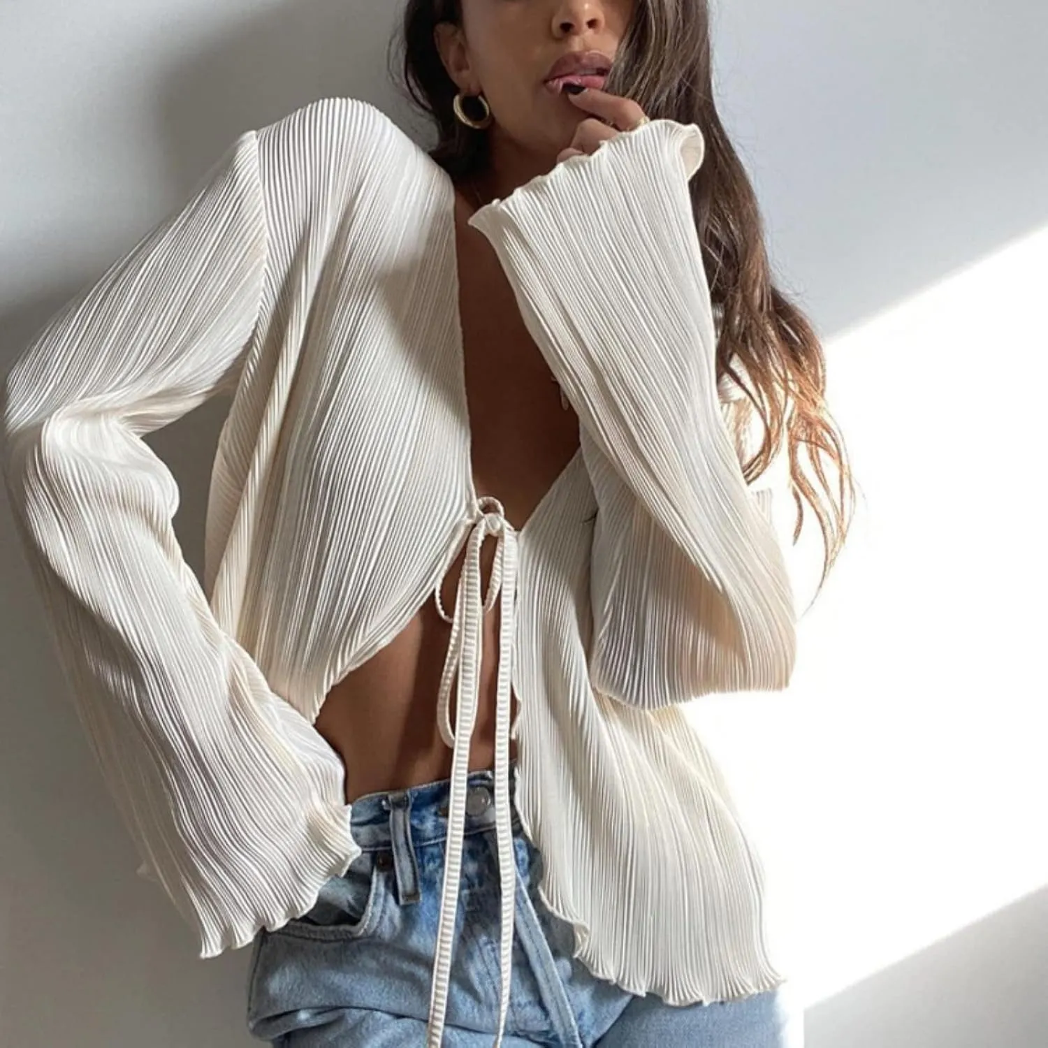 Women Girls Sheer Blouse Wild Flare Sleeve Tie Up Shirt Frill Decor Y2k Cropped Cardigan Top Aesthetic Clothes