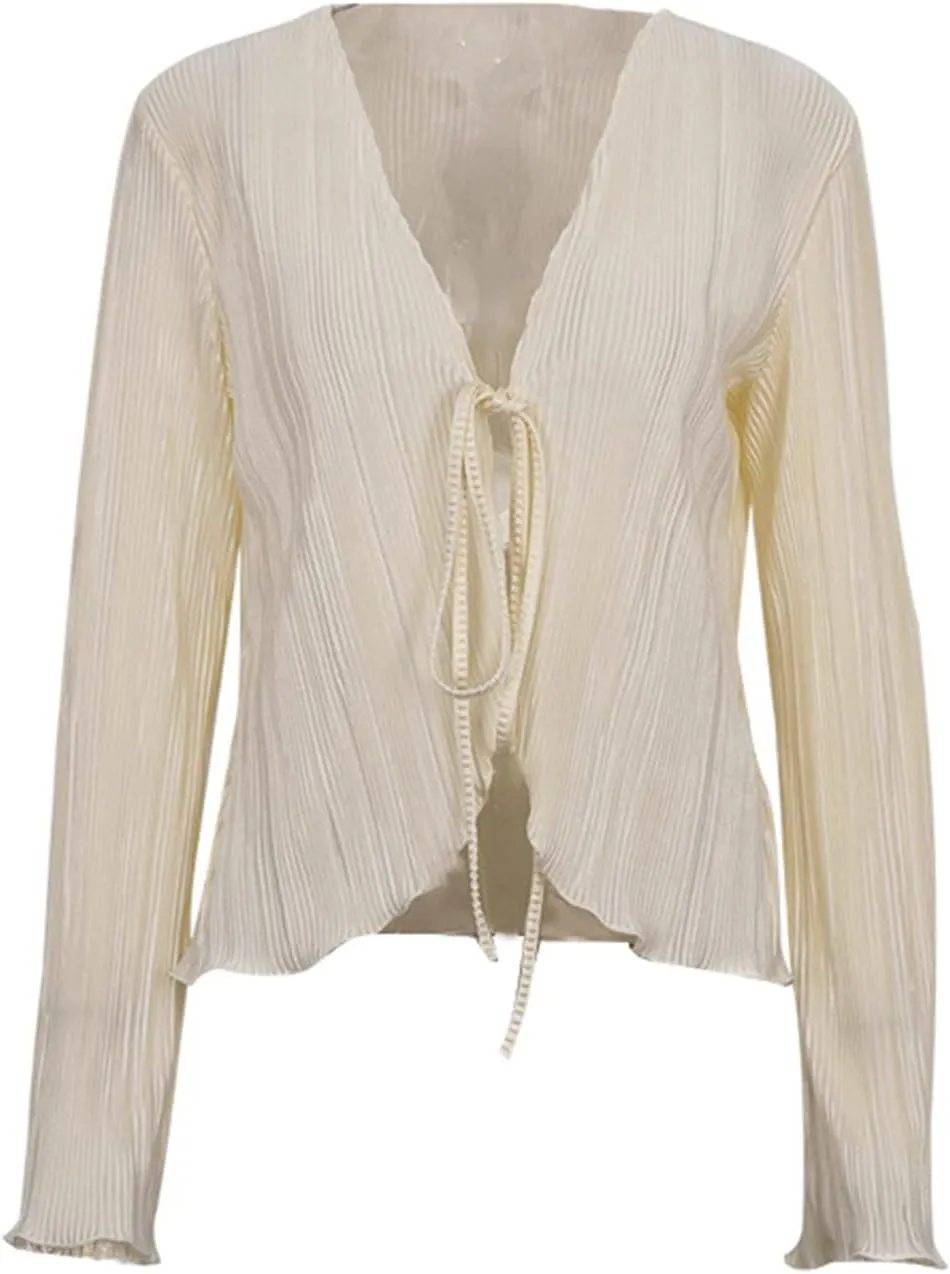 Women Girls Sheer Blouse Wild Flare Sleeve Tie Up Shirt Frill Decor Y2k Cropped Cardigan Top Aesthetic Clothes