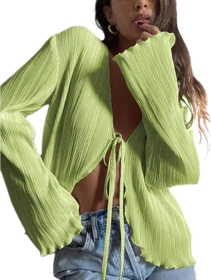 Women Girls Sheer Blouse Wild Flare Sleeve Tie Up Shirt Frill Decor Y2k Cropped Cardigan Top Aesthetic Clothes