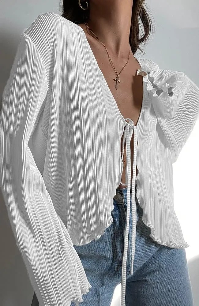 Women Girls Sheer Blouse Wild Flare Sleeve Tie Up Shirt Frill Decor Y2k Cropped Cardigan Top Aesthetic Clothes