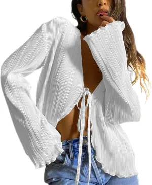 Women Girls Sheer Blouse Wild Flare Sleeve Tie Up Shirt Frill Decor Y2k Cropped Cardigan Top Aesthetic Clothes