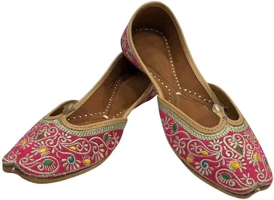 Women Pink Flat Phulkari Punjabi Jutti Khussa Shoes Ethnic Mojari Indian Jooti