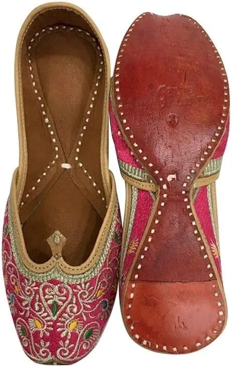 Women Pink Flat Phulkari Punjabi Jutti Khussa Shoes Ethnic Mojari Indian Jooti