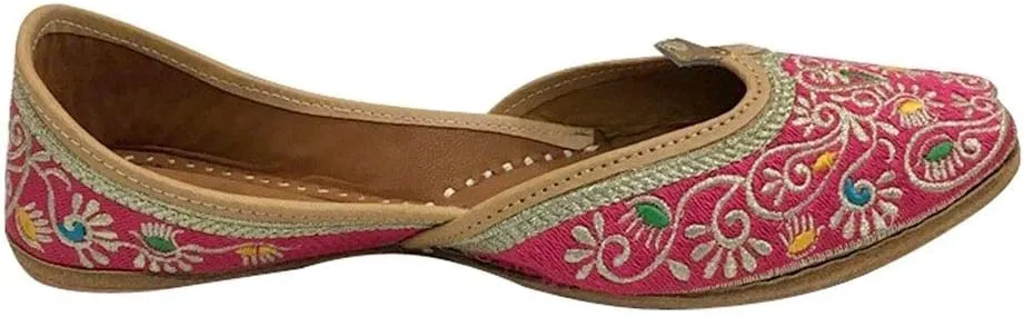 Women Pink Flat Phulkari Punjabi Jutti Khussa Shoes Ethnic Mojari Indian Jooti