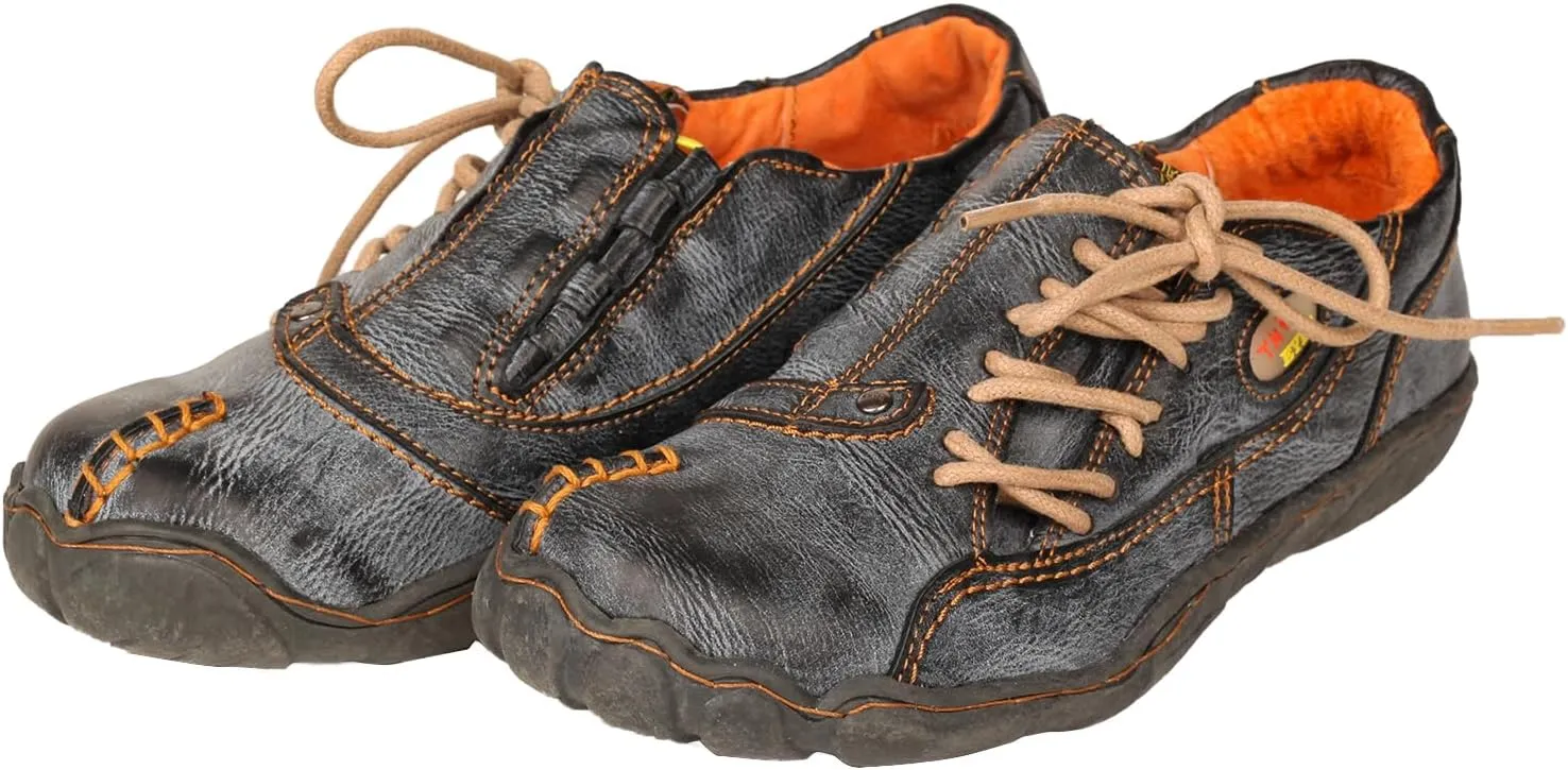 Women 's Unique Walking Shoes Washed Leather Casual Flats with Side Lace-up Decoration