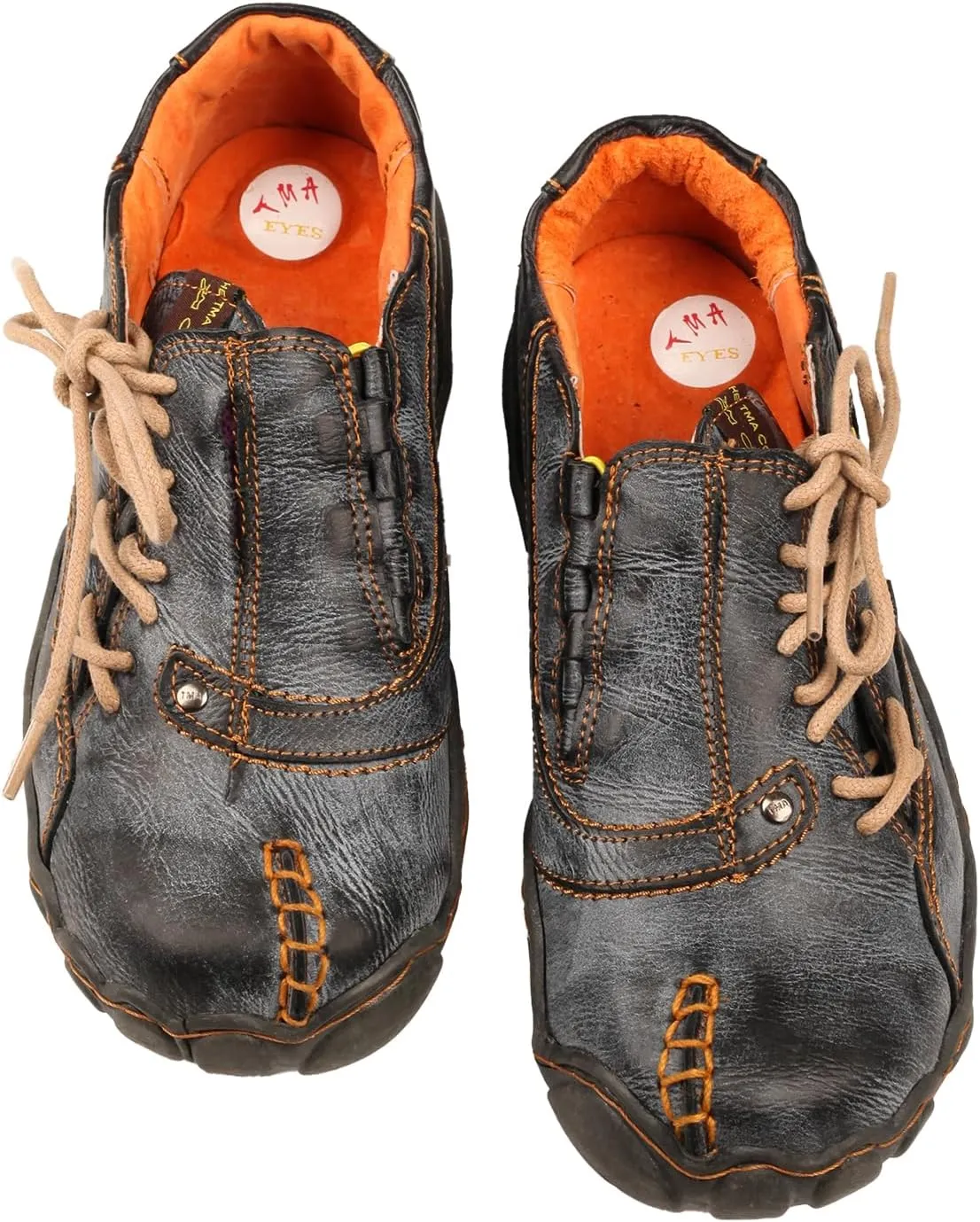 Women 's Unique Walking Shoes Washed Leather Casual Flats with Side Lace-up Decoration