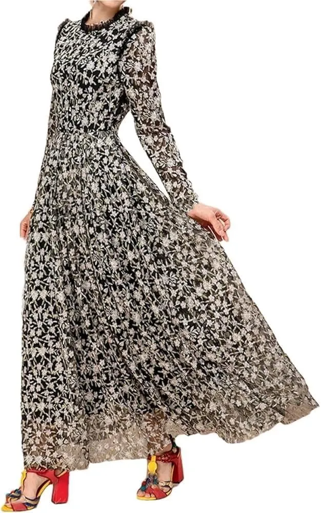 Women Vintage Floral Embroidery Casual Dresses Mesh Long Sleeve Black Party Dress