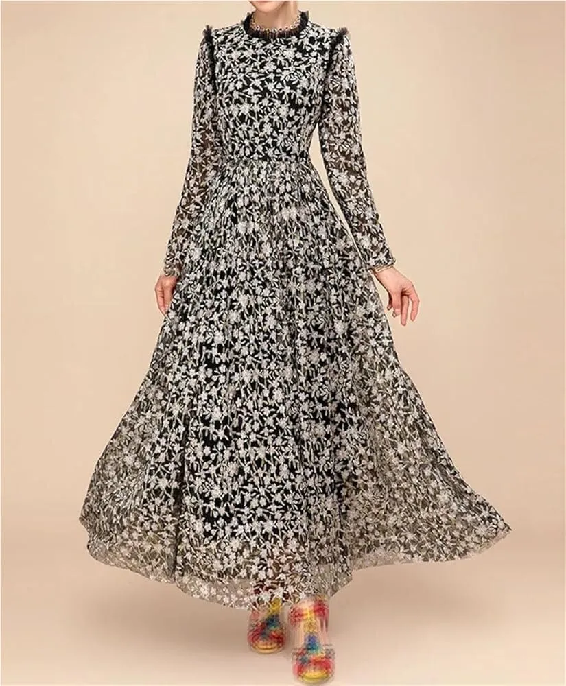 Women Vintage Floral Embroidery Casual Dresses Mesh Long Sleeve Black Party Dress