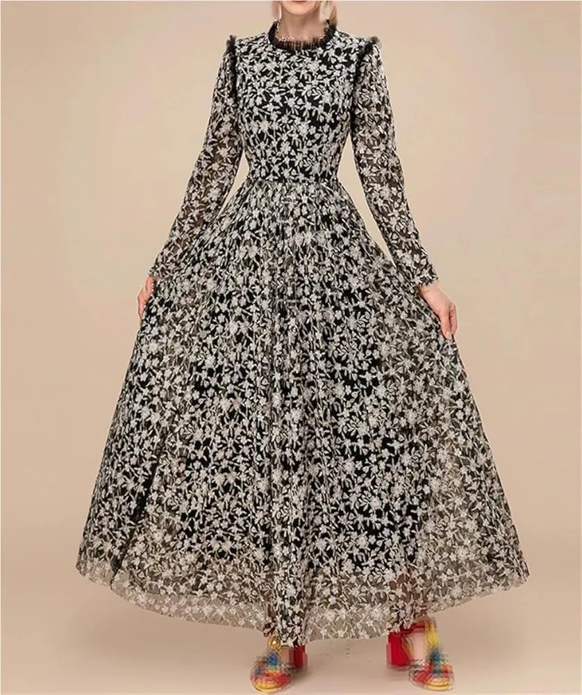 Women Vintage Floral Embroidery Casual Dresses Mesh Long Sleeve Black Party Dress