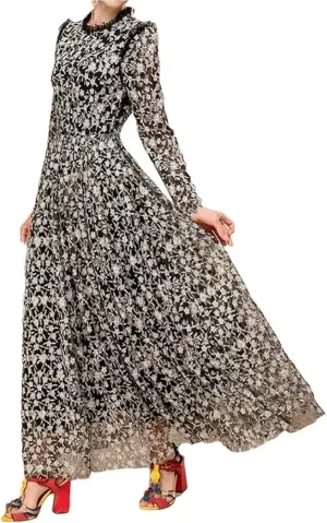 Women Vintage Floral Embroidery Casual Dresses Mesh Long Sleeve Black Party Dress