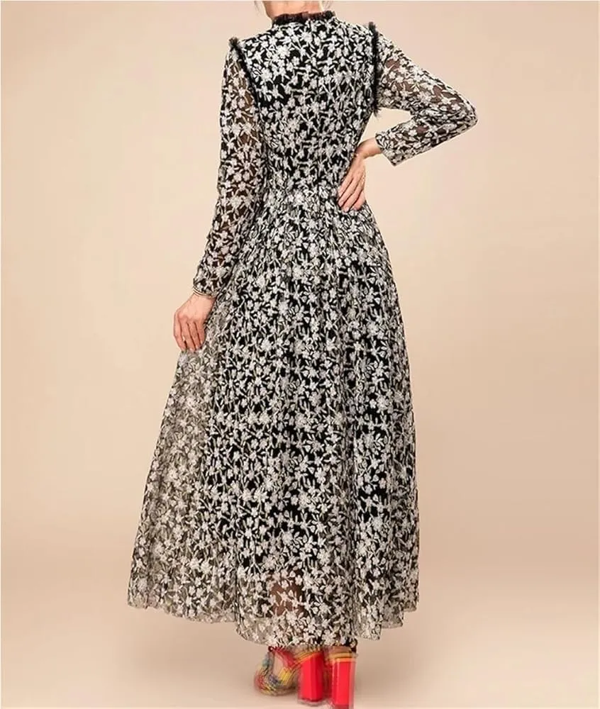 Women Vintage Floral Embroidery Casual Dresses Mesh Long Sleeve Black Party Dress