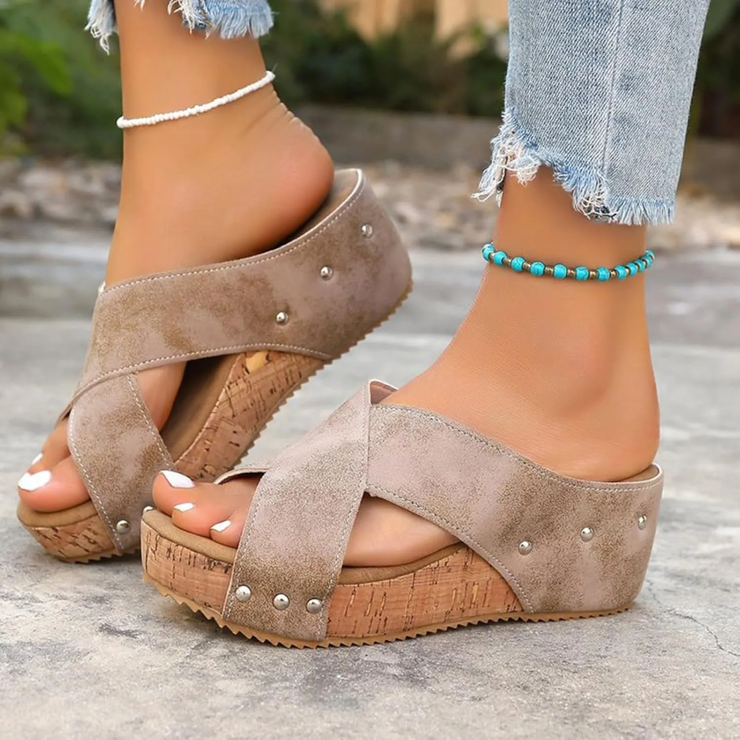 Women Width Wedge Sandals 2025 Spring Summer Shoes Casual Dressy Platform Styles Wide Feet Cork Slides Sole Comfy Leather Non-Slip Open Toe Slip On Cutout Comfortable Slide Wedges Heeled
