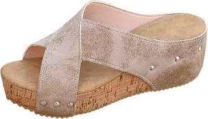 Women Width Wedge Sandals 2025 Spring Summer Shoes Casual Dressy Platform Styles Wide Feet Cork Slides Sole Comfy Leather Non-Slip Open Toe Slip On Cutout Comfortable Slide Wedges Heeled