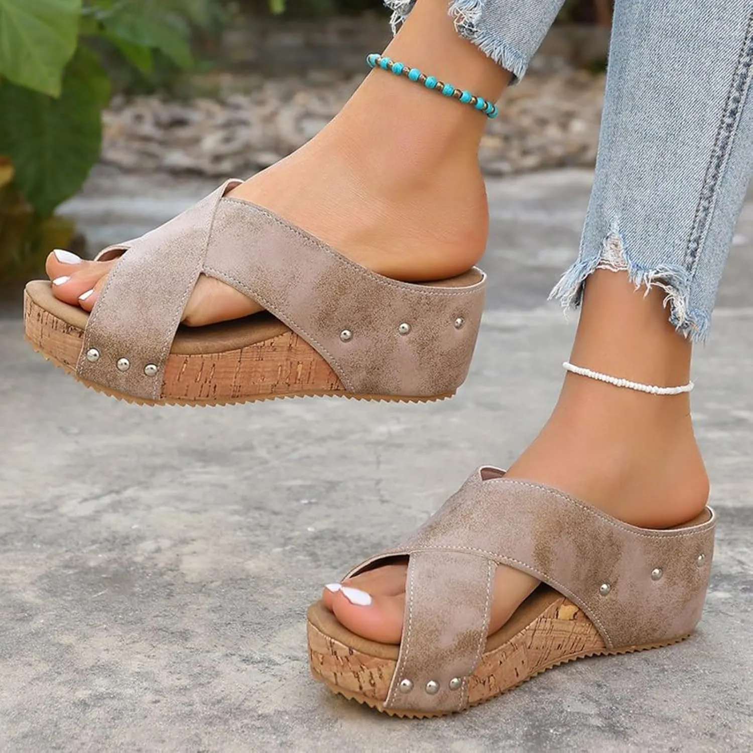 Women Width Wedge Sandals 2025 Spring Summer Shoes Casual Dressy Platform Styles Wide Feet Cork Slides Sole Comfy Leather Non-Slip Open Toe Slip On Cutout Comfortable Slide Wedges Heeled