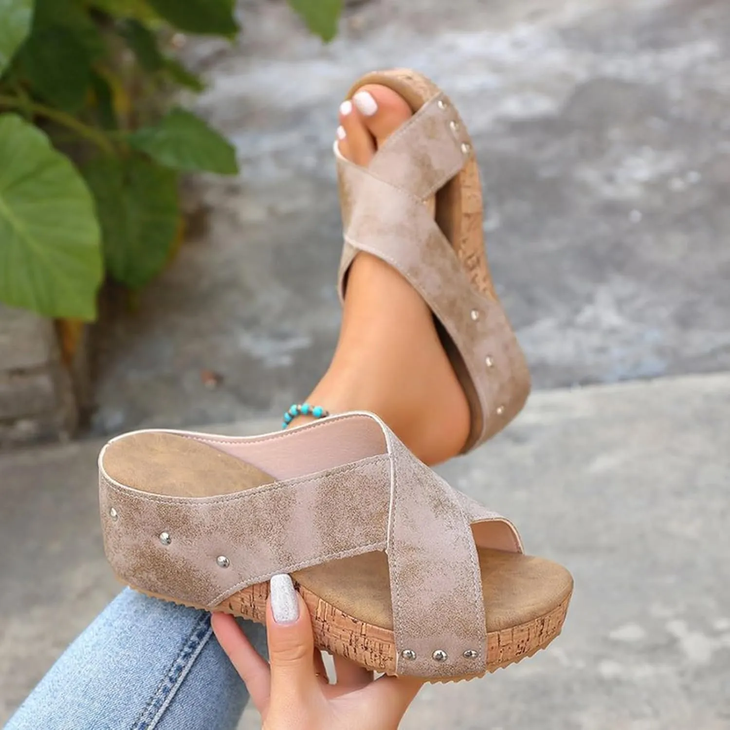 Women Width Wedge Sandals 2025 Spring Summer Shoes Casual Dressy Platform Styles Wide Feet Cork Slides Sole Comfy Leather Non-Slip Open Toe Slip On Cutout Comfortable Slide Wedges Heeled