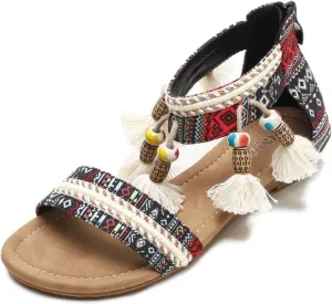 Women's Ankle Strap Flat Sandals with Tassel Beaded Vintage Bohemian Open Toe Ethnic Style Beach Sandals Casual Summer Flat Shoes