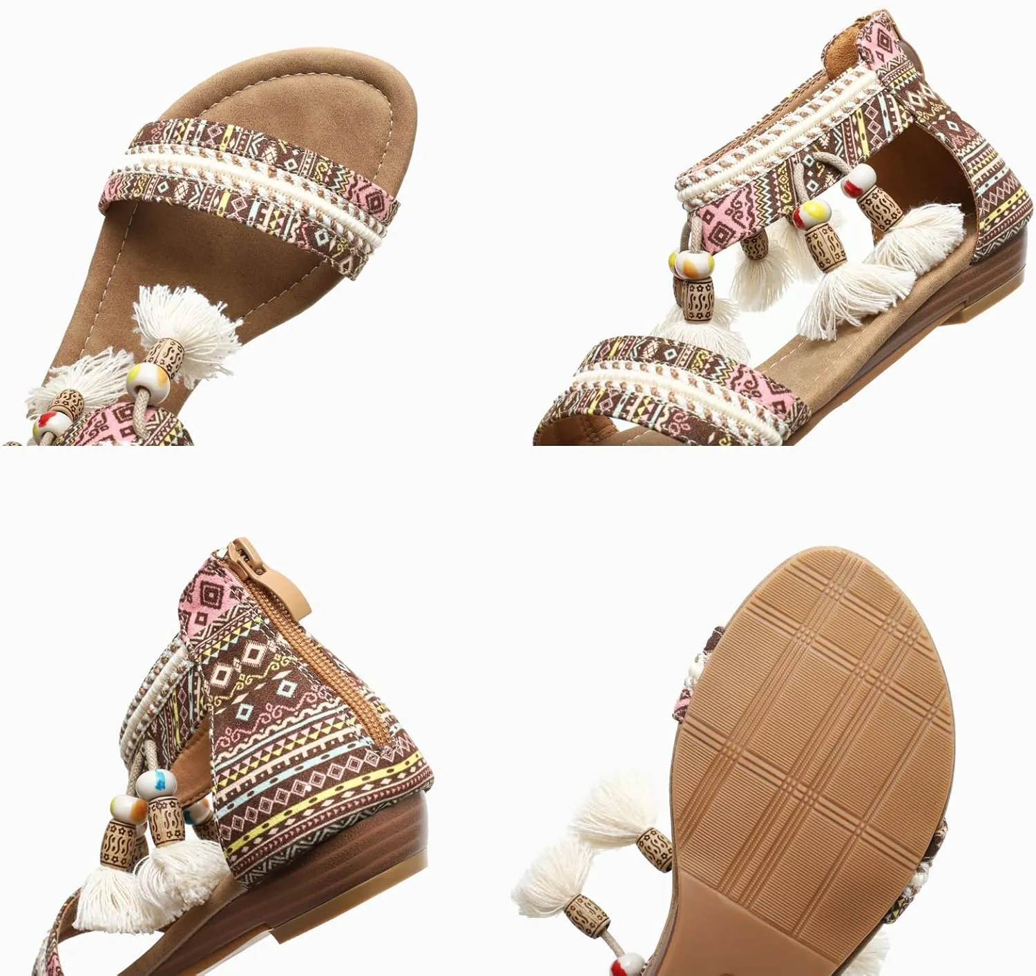 Women's Ankle Strap Flat Sandals with Tassel Beaded Vintage Bohemian Open Toe Ethnic Style Beach Sandals Casual Summer Flat Shoes