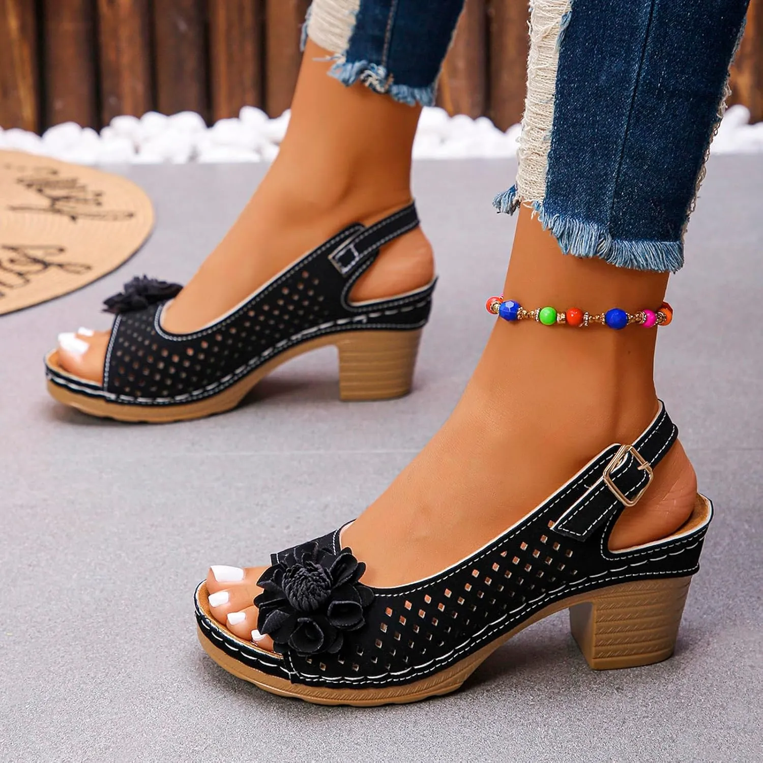 Womens Block Heel Sandals Summer Open Toe Ankle Buckle Strap Chunky Casual Hollow Out Platform Wedge Peep Slingback Dress Shoes Dressy Wedges Heels Comfortable Sandal Work Office Breathable