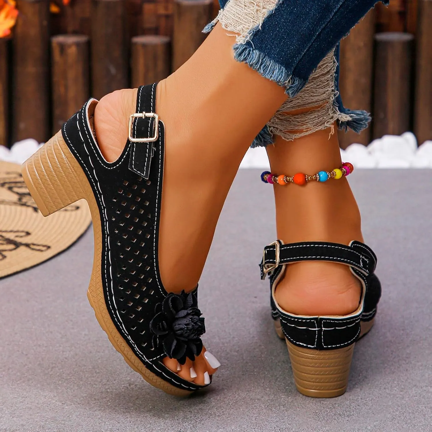 Womens Block Heel Sandals Summer Open Toe Ankle Buckle Strap Chunky Casual Hollow Out Platform Wedge Peep Slingback Dress Shoes Dressy Wedges Heels Comfortable Sandal Work Office Breathable