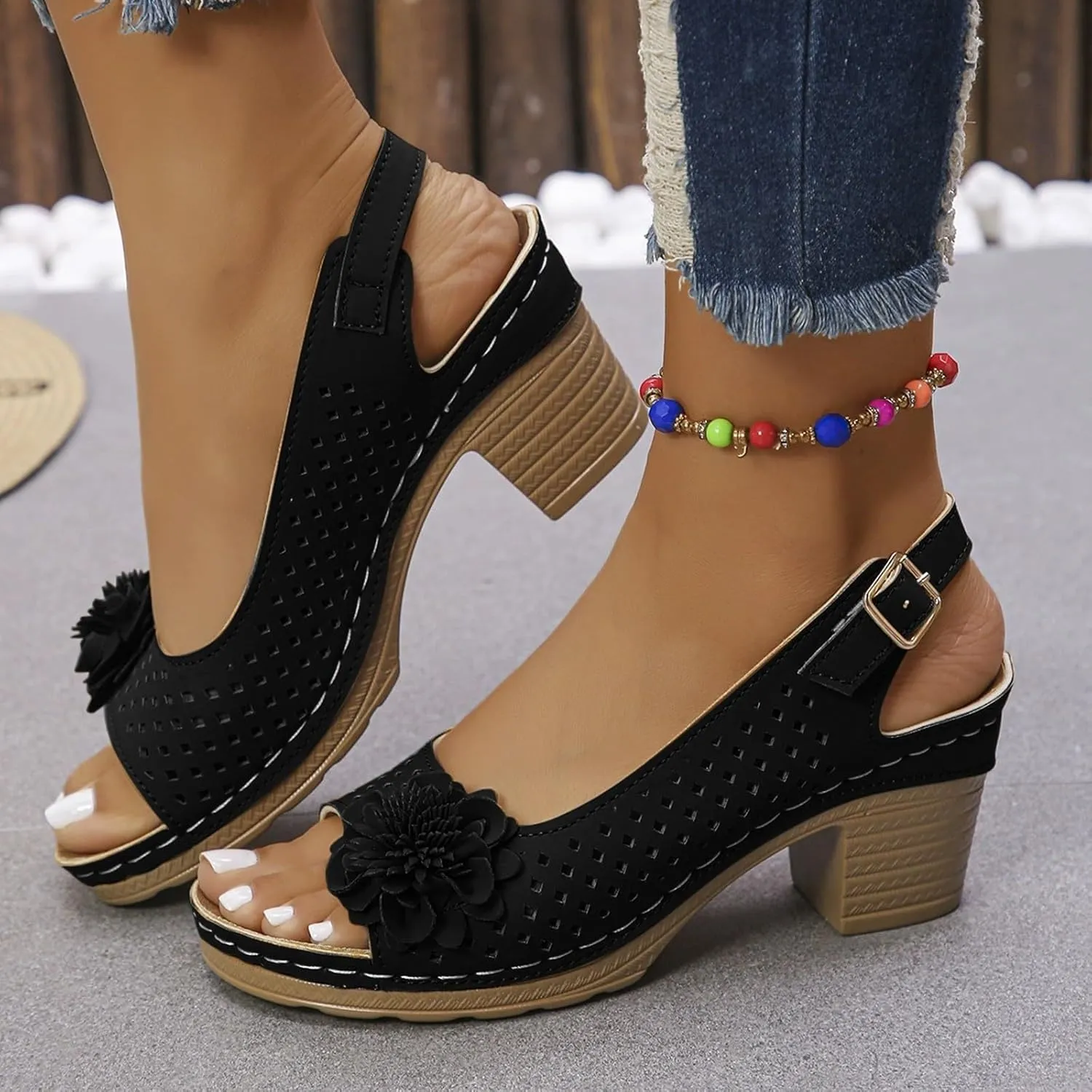 Womens Block Heel Sandals Summer Open Toe Ankle Buckle Strap Chunky Casual Hollow Out Platform Wedge Peep Slingback Dress Shoes Dressy Wedges Heels Comfortable Sandal Work Office Breathable