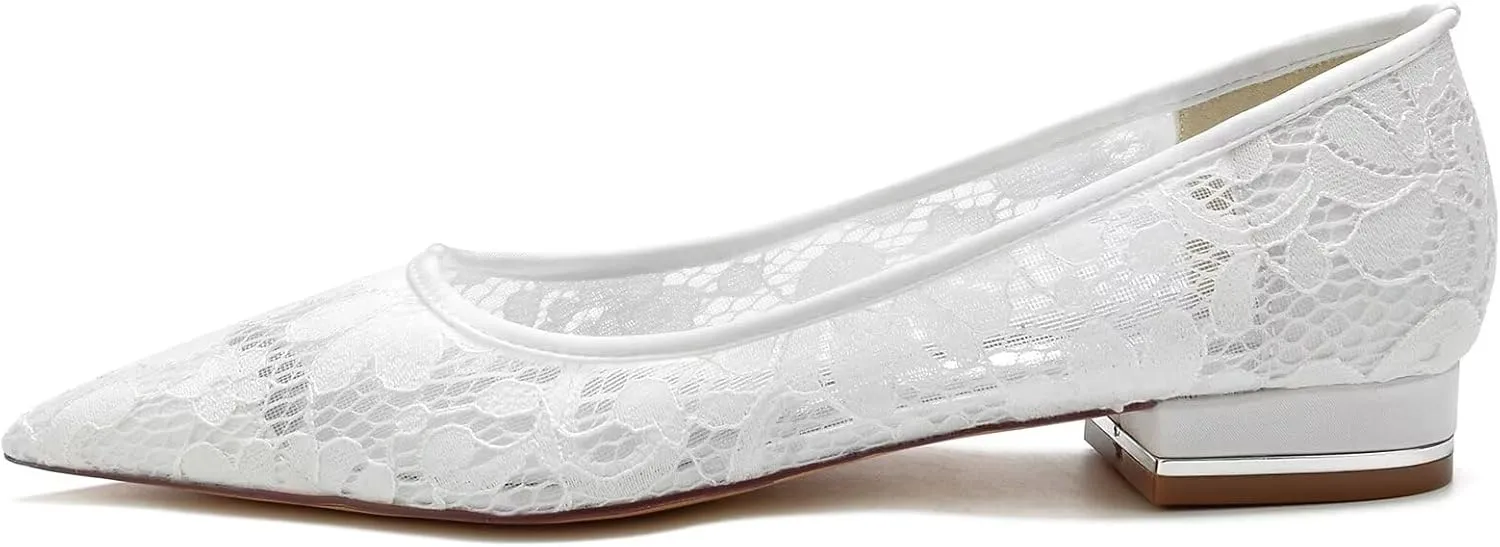 Women's Breathable Crochet Lace Floral Ballet Flats - Pointed Toe Bridal Shoes for Wedding Party, Comfortable Cushioned Bridesmaid Dress Sandals
