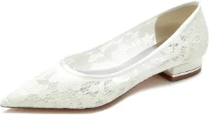 Women's Breathable Crochet Lace Floral Ballet Flats - Pointed Toe Bridal Shoes for Wedding Party, Comfortable Cushioned Bridesmaid Dress Sandals