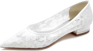 Women's Breathable Crochet Lace Floral Ballet Flats - Pointed Toe Bridal Shoes for Wedding Party, Comfortable Cushioned Bridesmaid Dress Sandals