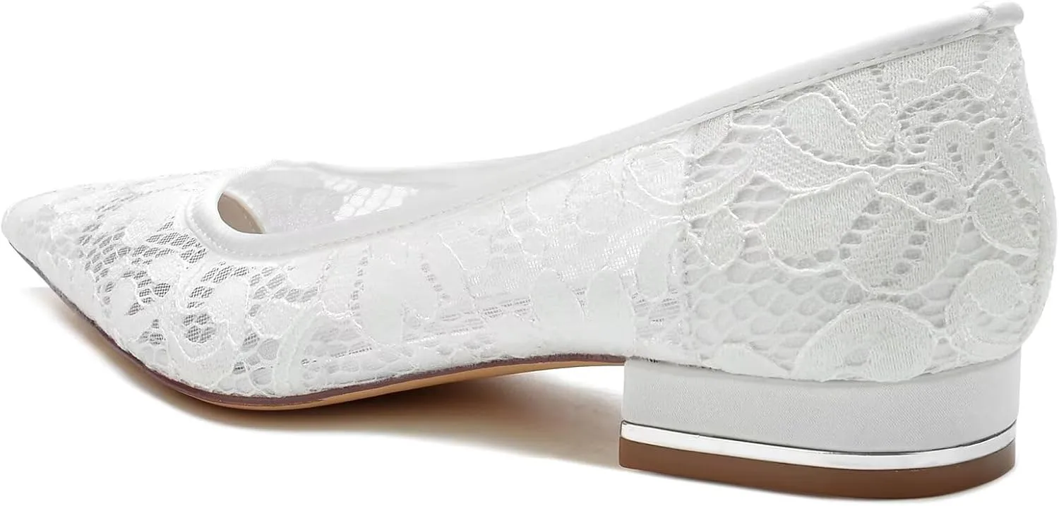 Women's Breathable Crochet Lace Floral Ballet Flats - Pointed Toe Bridal Shoes for Wedding Party, Comfortable Cushioned Bridesmaid Dress Sandals