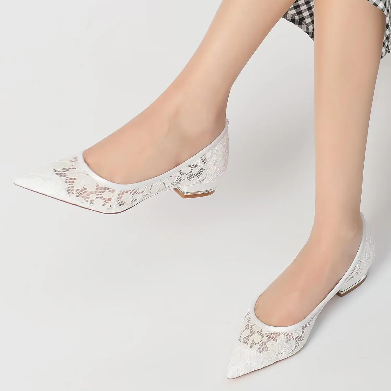Women's Breathable Crochet Lace Floral Ballet Flats - Pointed Toe Bridal Shoes for Wedding Party, Comfortable Cushioned Bridesmaid Dress Sandals