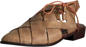 Womens Casual Hollow Slides Sandals Vintage Cross Straps Lace up Leather Woven Back Low Heel Roman Sandals Summer Comfy Casual Slingback Shoes