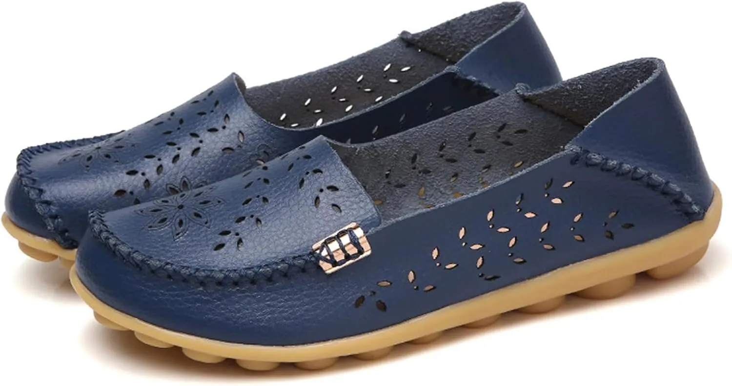 Women's Comfort Walking Boat Shoe Slip on Flat Shoes Ladies Dressy Moccasins Driving Penny Loafers Leather Breathable On Nurse Loafer Round Toe Wild Fashion Soft Orthopedic Sole Flats Casual