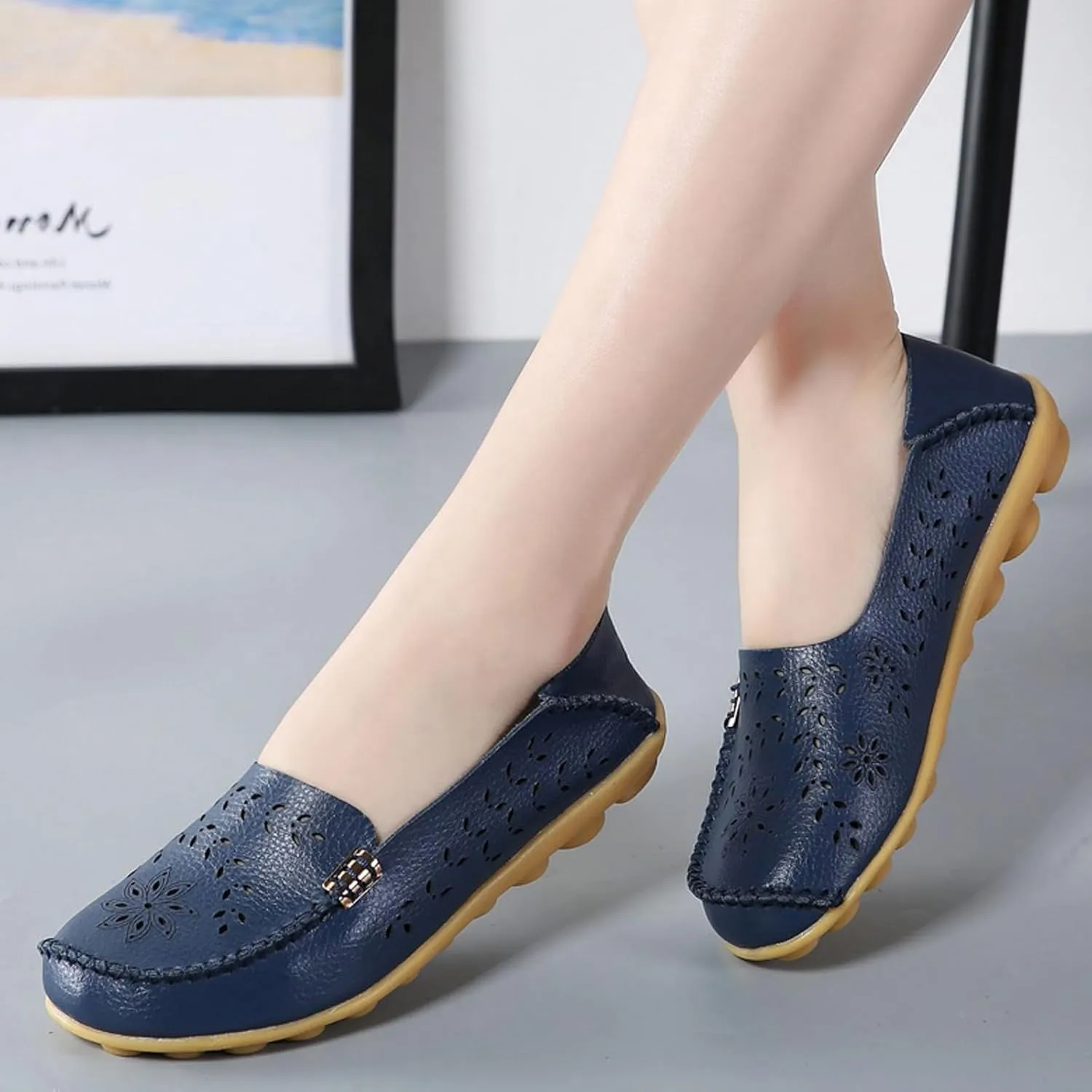Women's Comfort Walking Boat Shoe Slip on Flat Shoes Ladies Dressy Moccasins Driving Penny Loafers Leather Breathable On Nurse Loafer Round Toe Wild Fashion Soft Orthopedic Sole Flats Casual