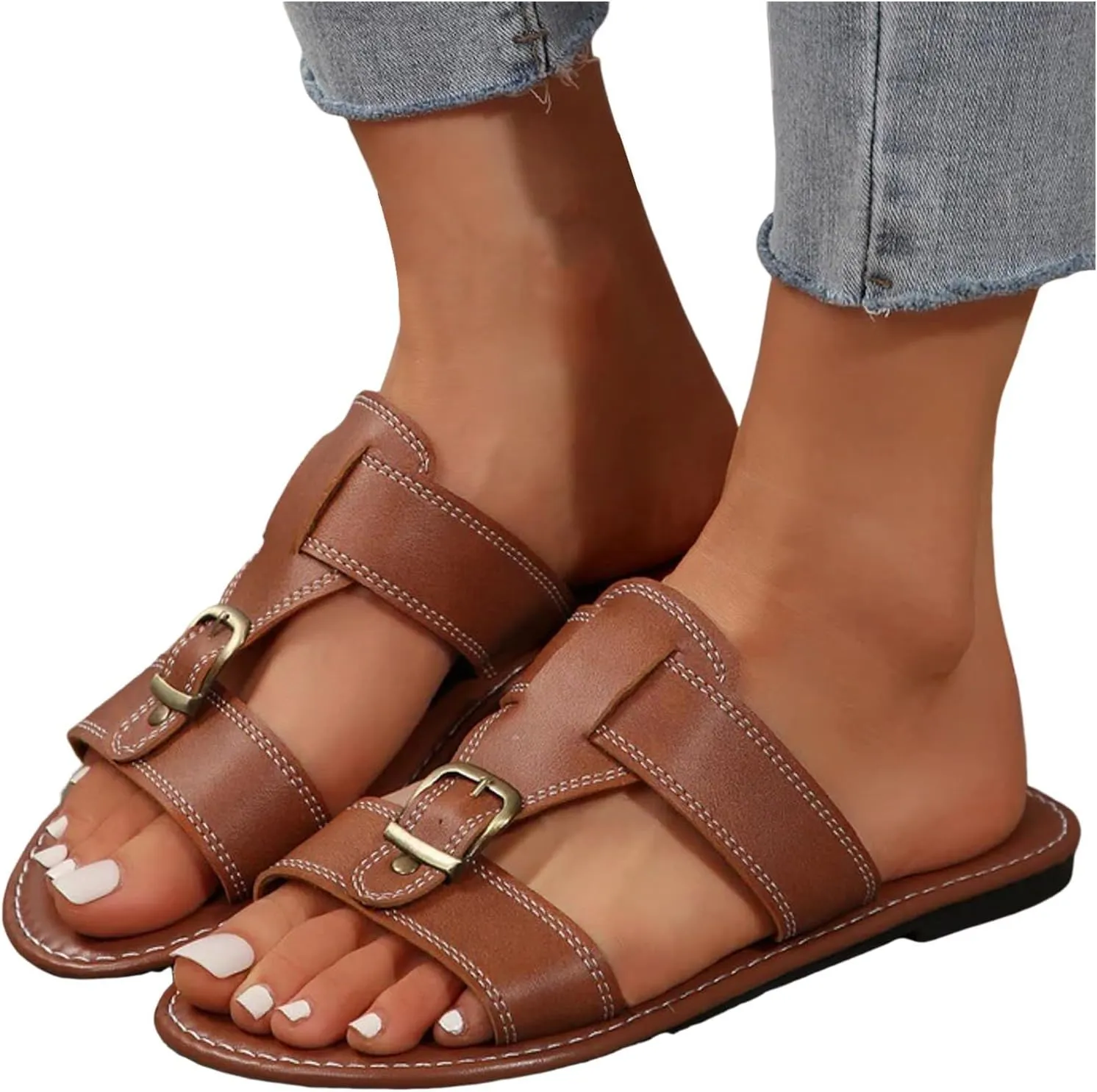 Women's Comfy Flat Sandals 2025 Wide Width Open Toe Slip On Adjustable T-Strap Hollow Out Slides Ladies Summer Non-Slip Cushion Footbed Beach Slippers Casual Shoes for Daily Wear Outdoor Indoor