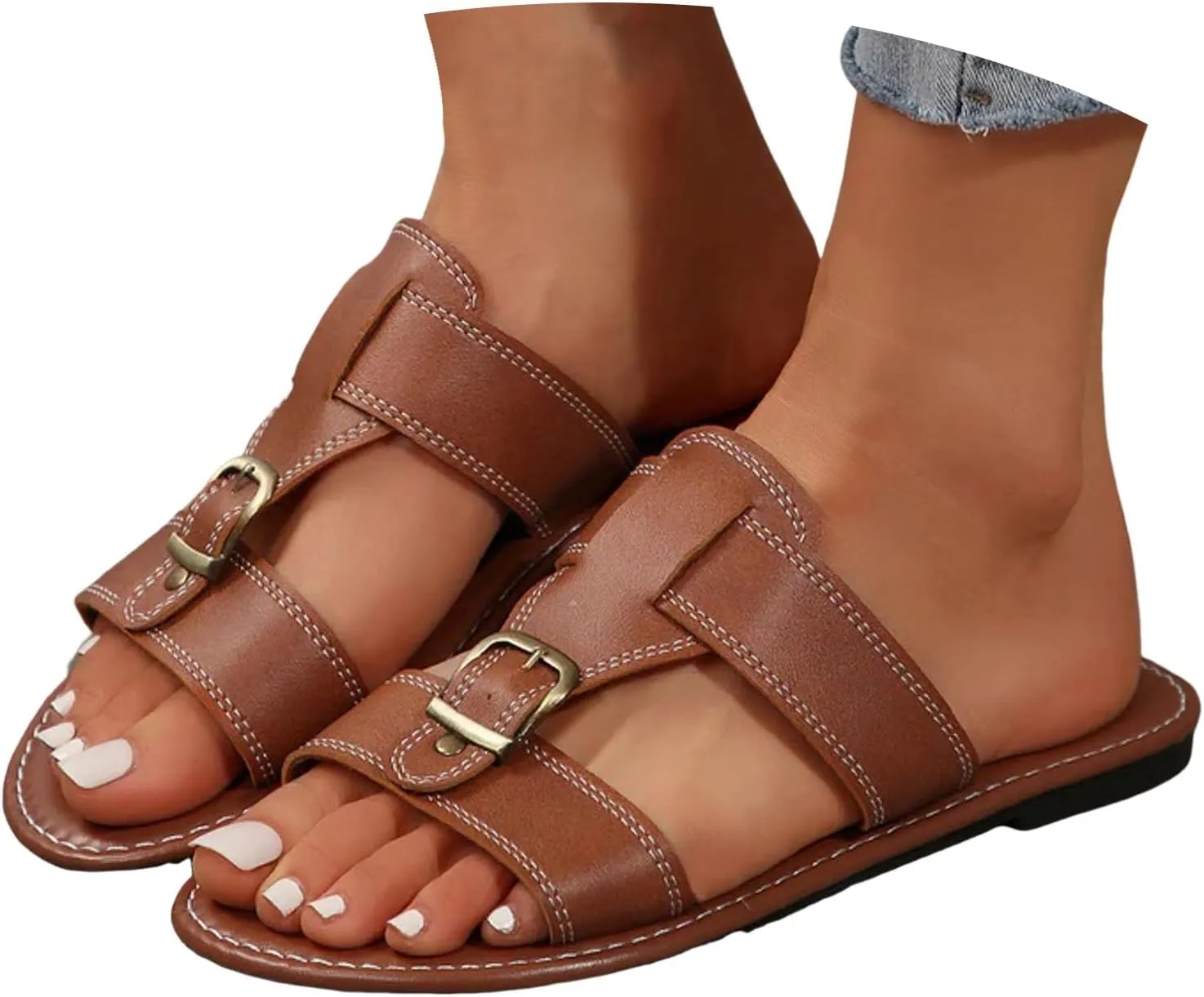 Women's Comfy Flat Sandals 2025 Wide Width Open Toe Slip On Adjustable T-Strap Hollow Out Slides Ladies Summer Non-Slip Cushion Footbed Beach Slippers Casual Shoes for Daily Wear Outdoor Indoor