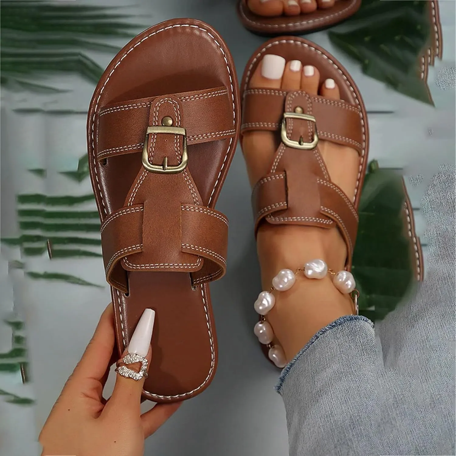 Women's Comfy Flat Sandals 2025 Wide Width Open Toe Slip On Adjustable T-Strap Hollow Out Slides Ladies Summer Non-Slip Cushion Footbed Beach Slippers Casual Shoes for Daily Wear Outdoor Indoor