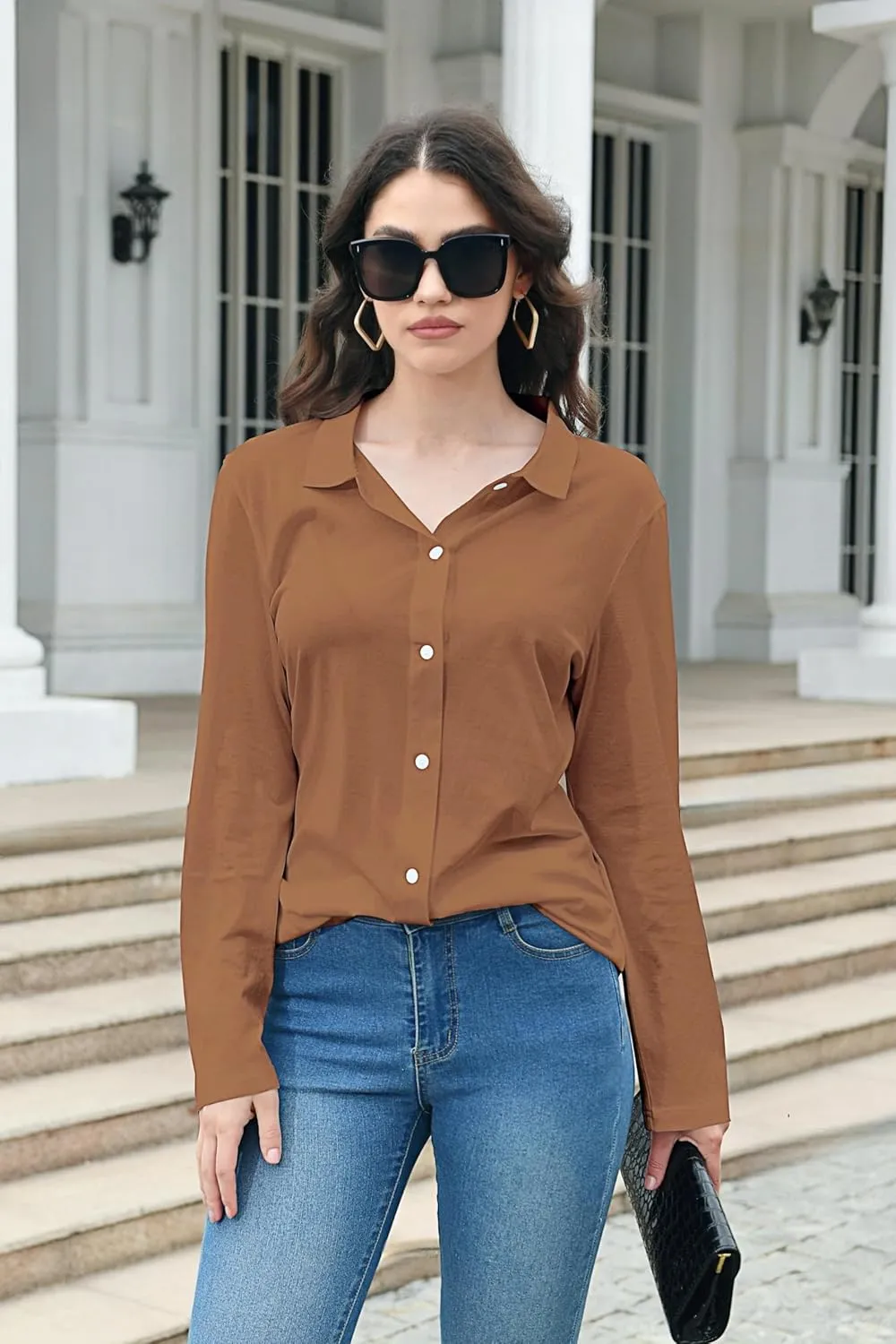 Women's Cotton Basic Button Down Shirt Long Sleeve Wrinkle Free Collared Blouse Lightweight Soft Comfortable Jersey Knit Tops