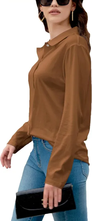 Women's Cotton Basic Button Down Shirt Long Sleeve Wrinkle Free Collared Blouse Lightweight Soft Comfortable Jersey Knit Tops