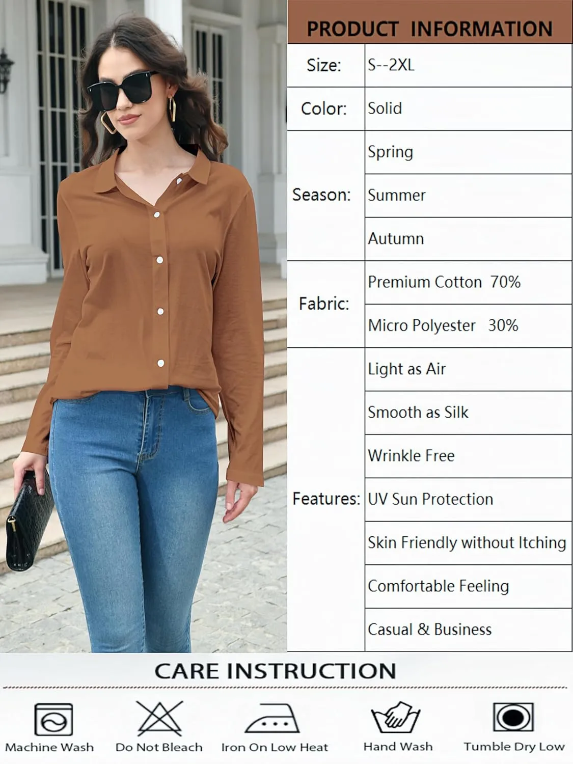 Women's Cotton Basic Button Down Shirt Long Sleeve Wrinkle Free Collared Blouse Lightweight Soft Comfortable Jersey Knit Tops