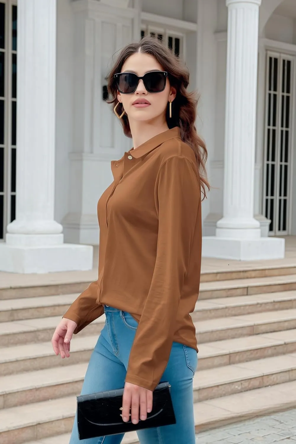 Women's Cotton Basic Button Down Shirt Long Sleeve Wrinkle Free Collared Blouse Lightweight Soft Comfortable Jersey Knit Tops