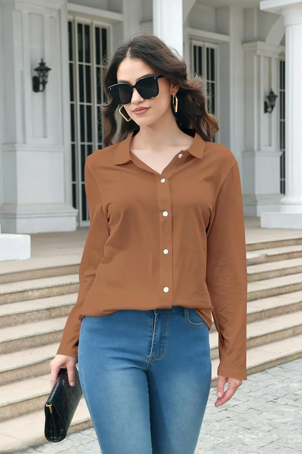 Women's Cotton Basic Button Down Shirt Long Sleeve Wrinkle Free Collared Blouse Lightweight Soft Comfortable Jersey Knit Tops